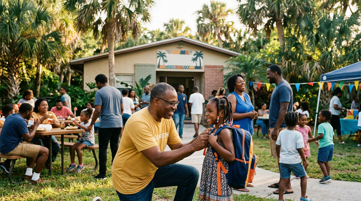 Neighbors and families gathered together at a community center